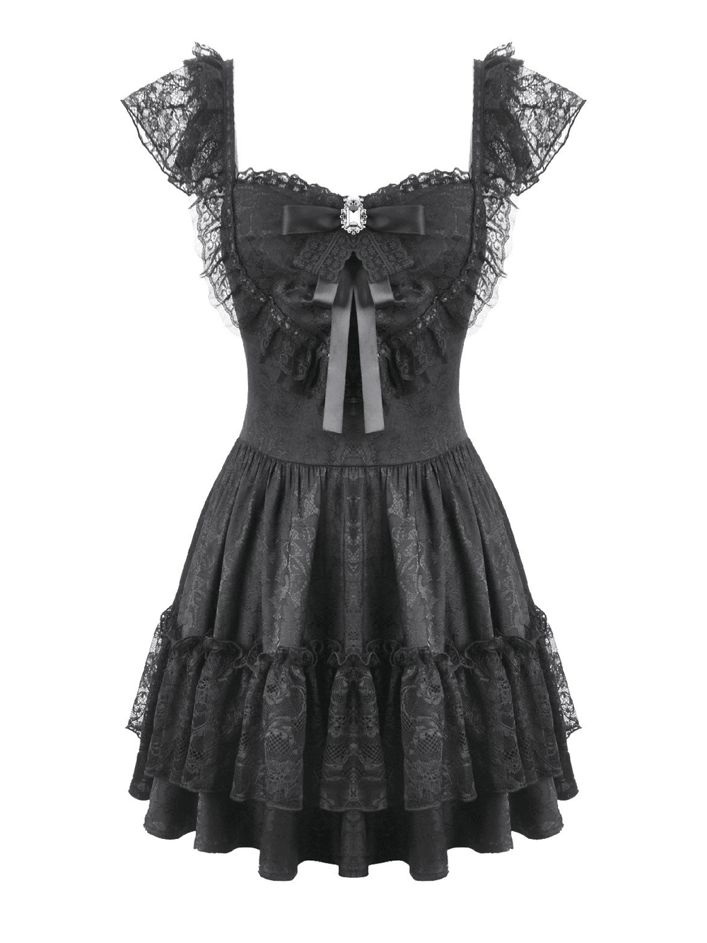 Gothic Lolita Lace Ruffle Mini Dress for Women featuring lace ruffles and a dramatic bow with jewel accent.