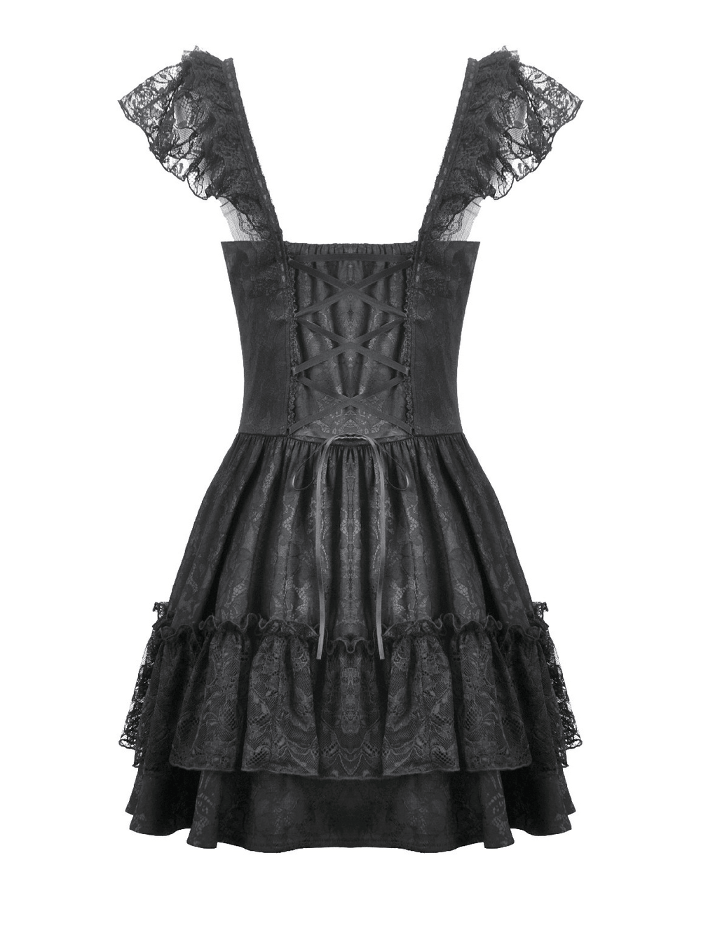 Gothic Lolita Lace Ruffle Mini Dress for Women, featuring intricate lace ruffles and fitted bodice.