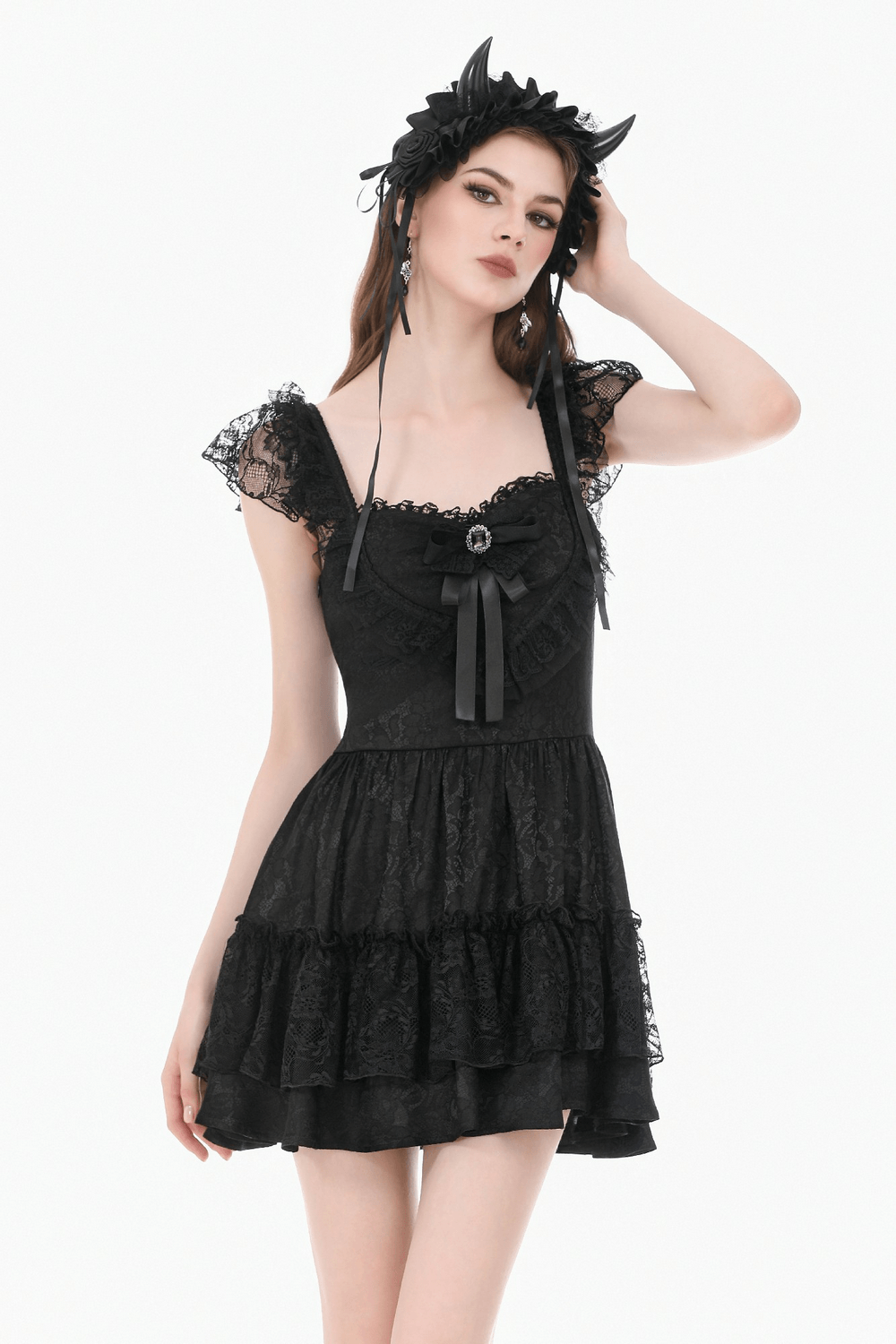 Gothic Lolita Lace Ruffle Mini Dress for Women with lace ruffles and dramatic bow, perfect for dark romantic style.