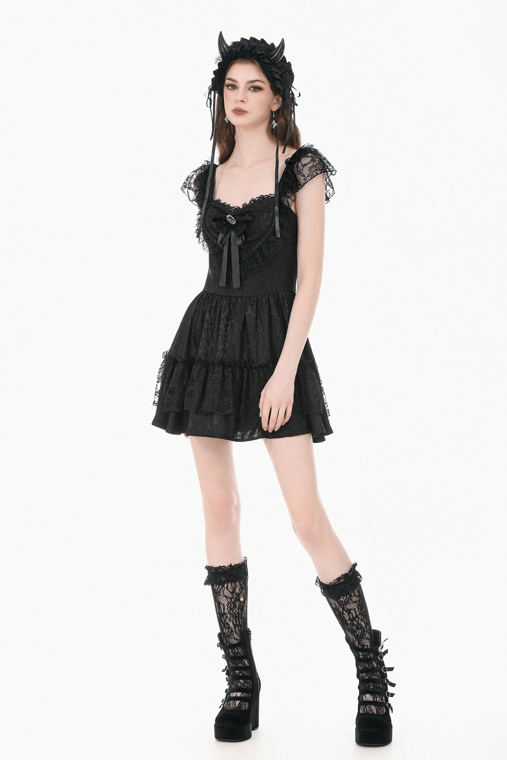 Gothic Lolita Lace Ruffle Mini Dress for Women styled with lace socks and platform boots.