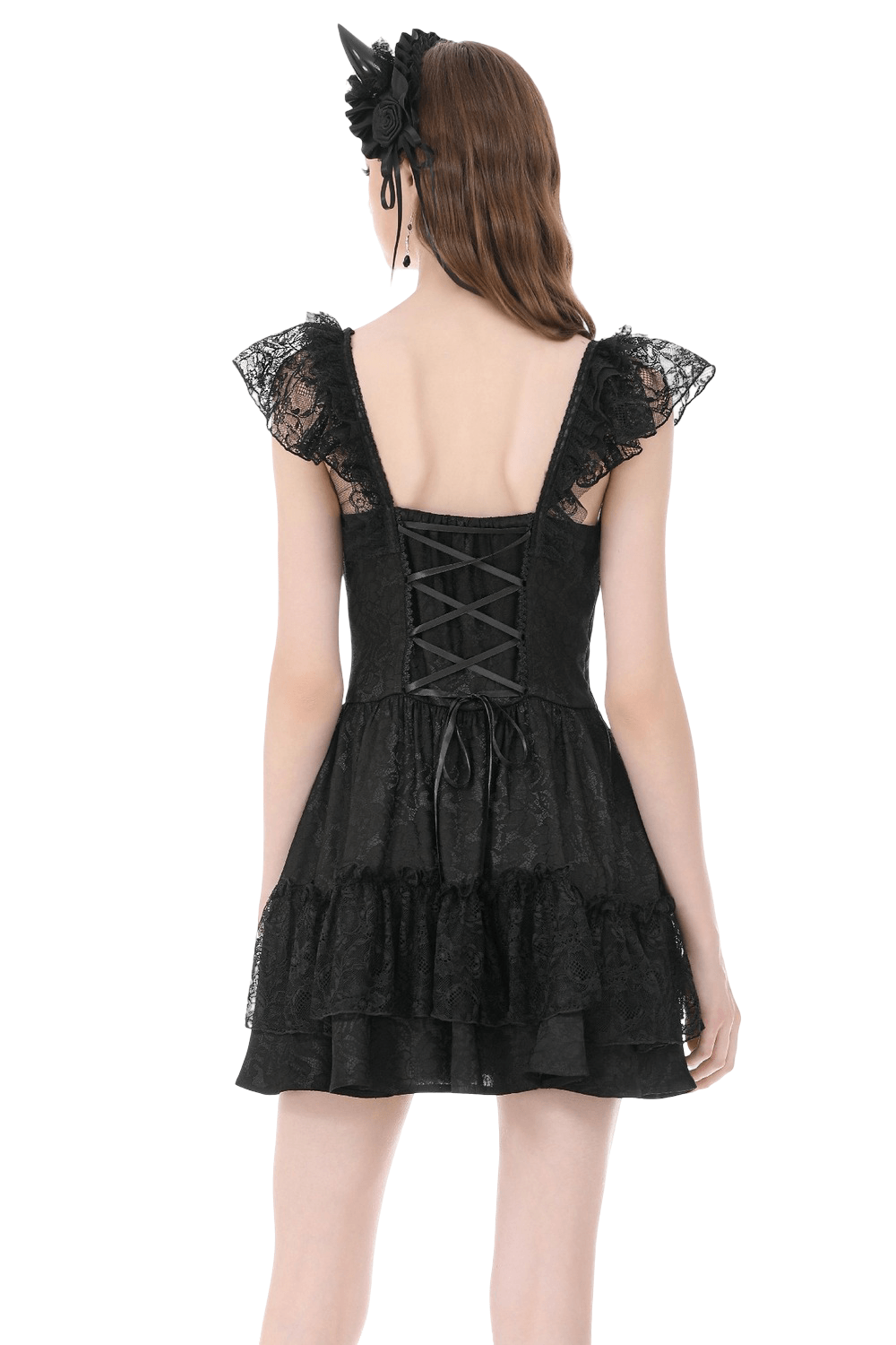 Gothic Lolita Lace Ruffle Mini Dress for Women showcasing lace-up back and ruffles.
