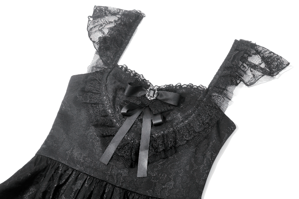 Gothic Lolita Lace Ruffle Mini Dress for Women featuring lace straps and a bow detail.