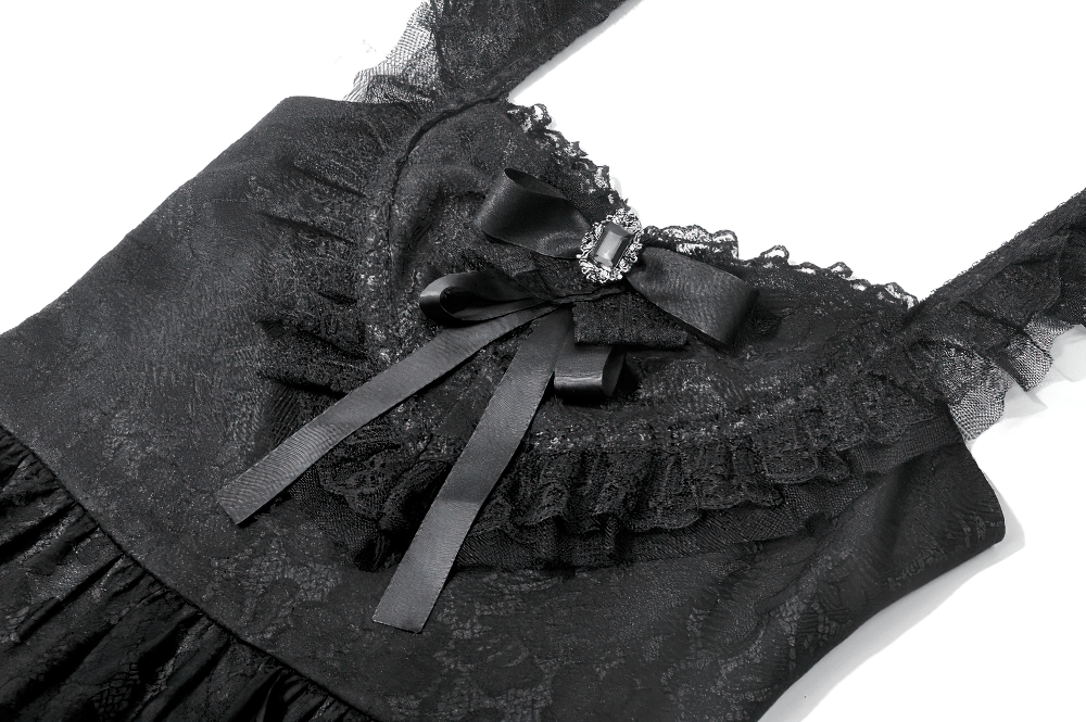 Gothic Lolita Lace Ruffle Mini Dress for Women featuring lace ruffles and a bow detail with jewel accent.