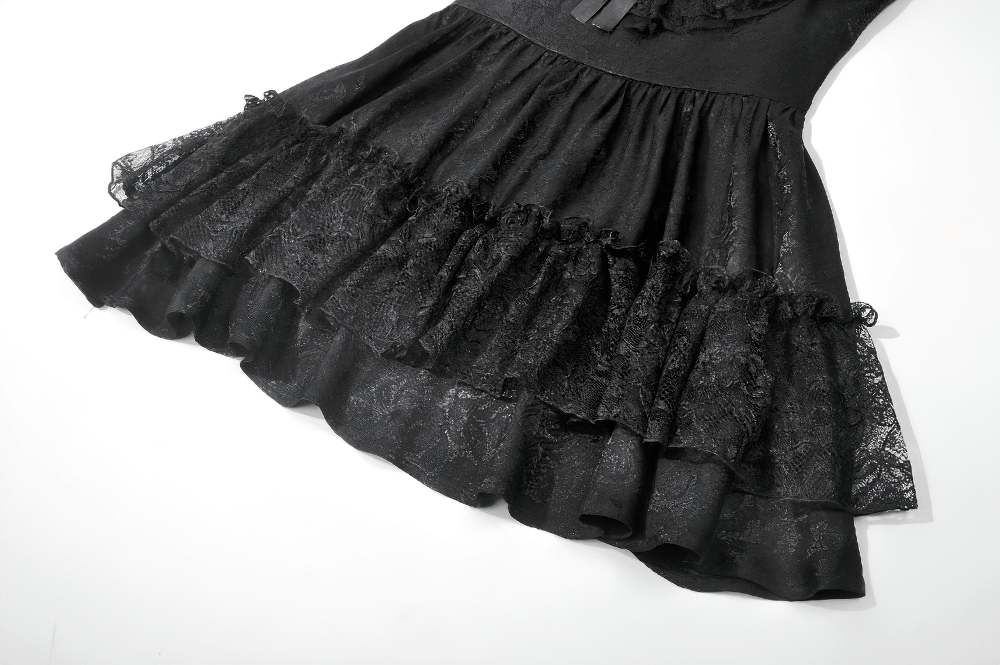 Gothic Lolita Lace Ruffle Mini Dress for Women featuring layered lace ruffles in black.