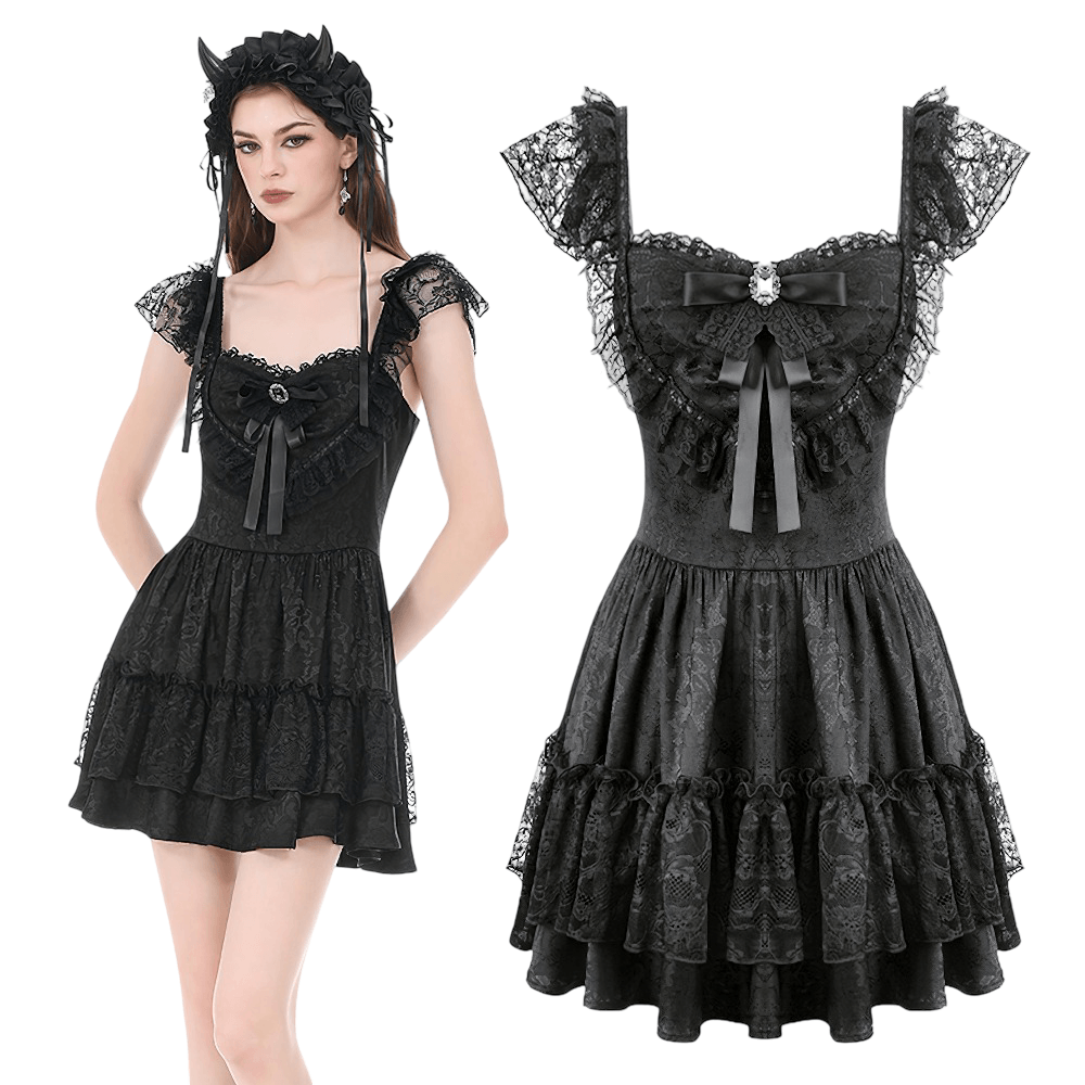 Gothic Lolita Lace Ruffle Mini Dress for Women featuring black lace ruffles and a bow trim for a dark romantic style.
