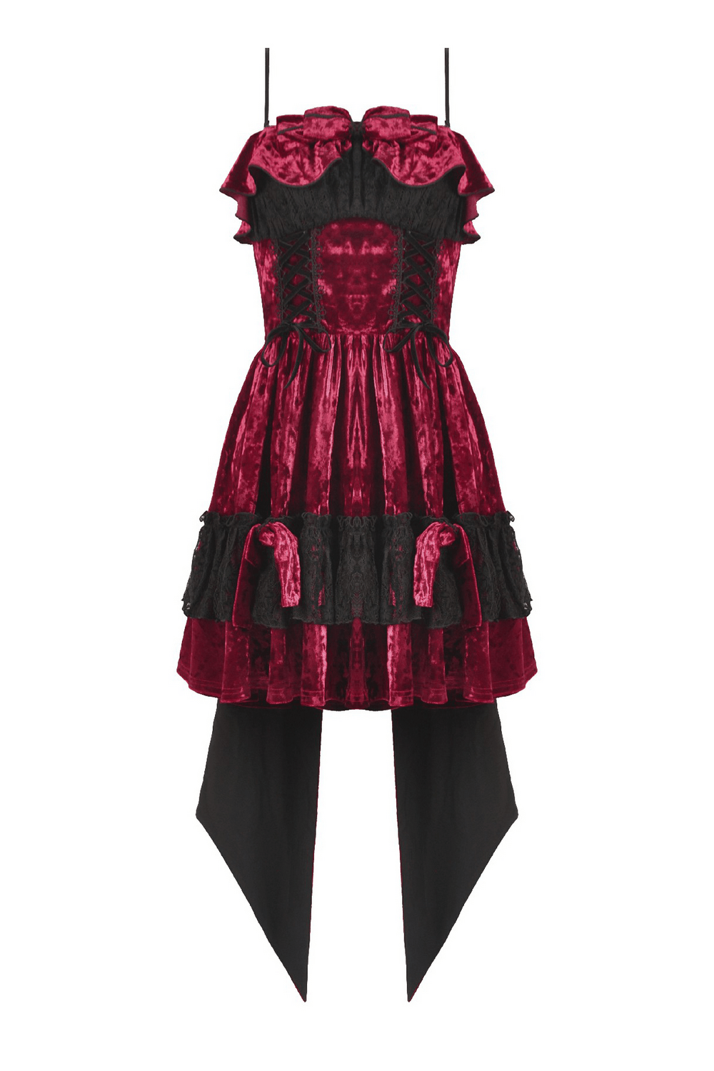 Gothic Lolita Mini Dress with Black Lace Details, featuring burgundy velvet and lace ruffles for a vampire-inspired look.