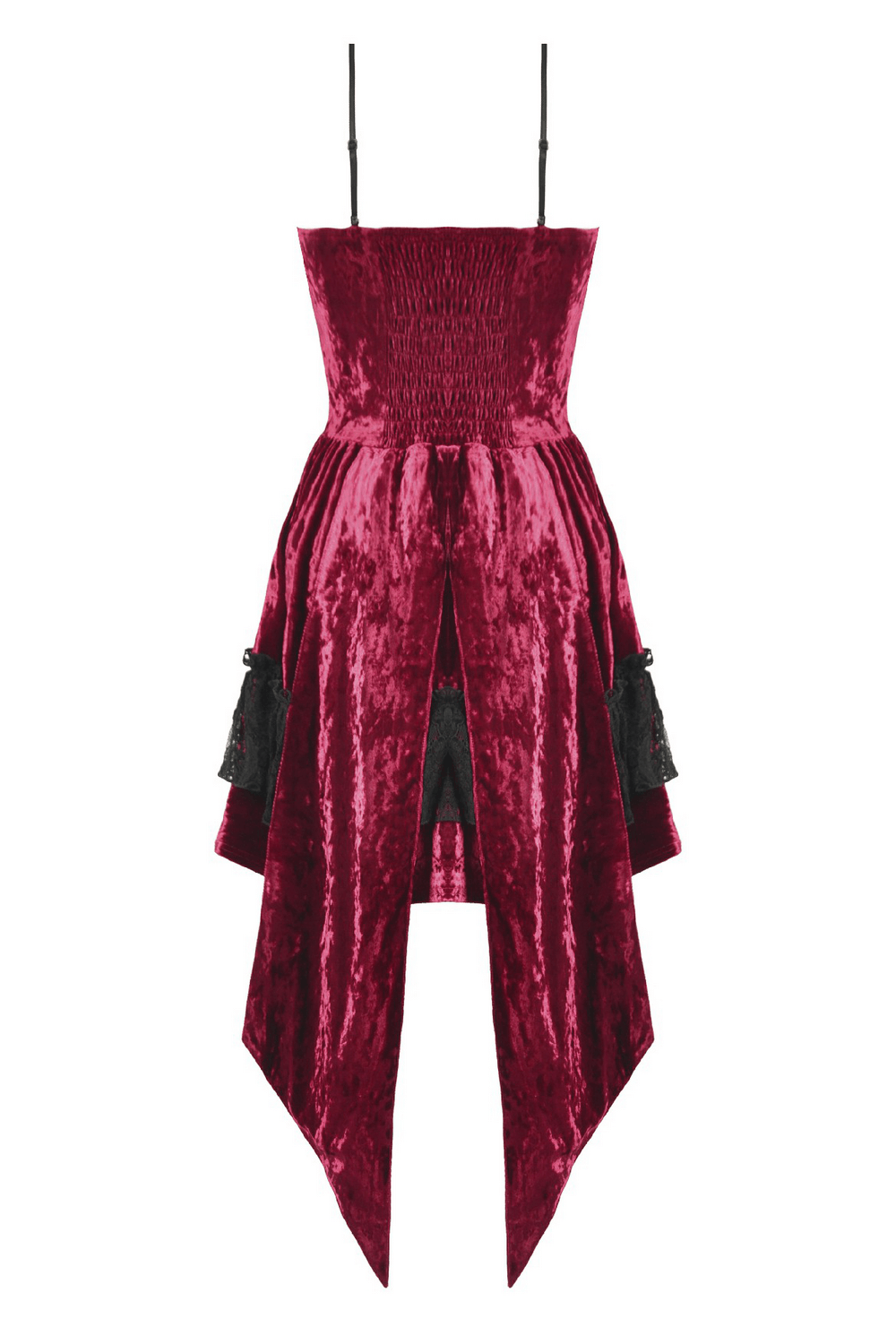 Gothic Lolita Mini Dress with Black Lace Details featuring a crushed velvet look and dramatic side lacing.