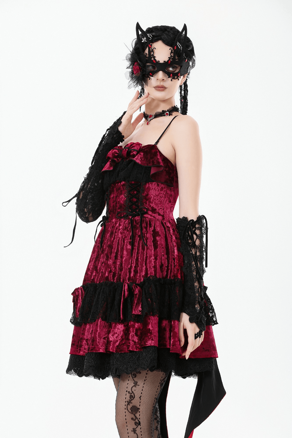 Gothic Lolita Mini Dress with Black Lace Details featuring ruffles and corset-style lacing in a dramatic vampire-inspired look.