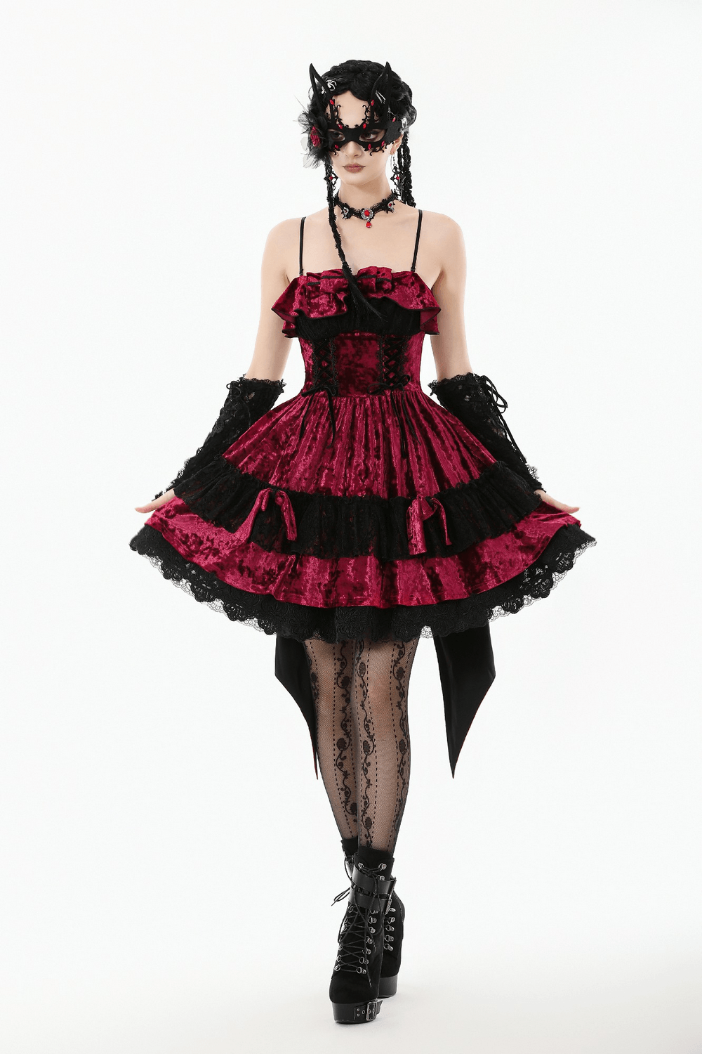 Gothic Lolita Mini Dress with Black Lace Details featuring a burgundy velvet design and dramatic lace trim.