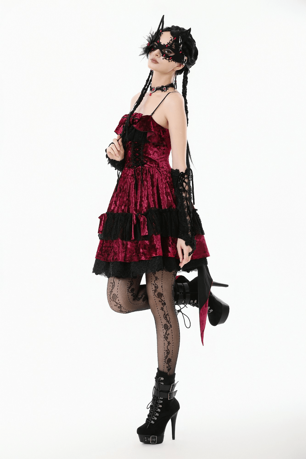 Gothic Lolita Mini Dress with Black Lace Details worn by a model showcasing dark romantic style.