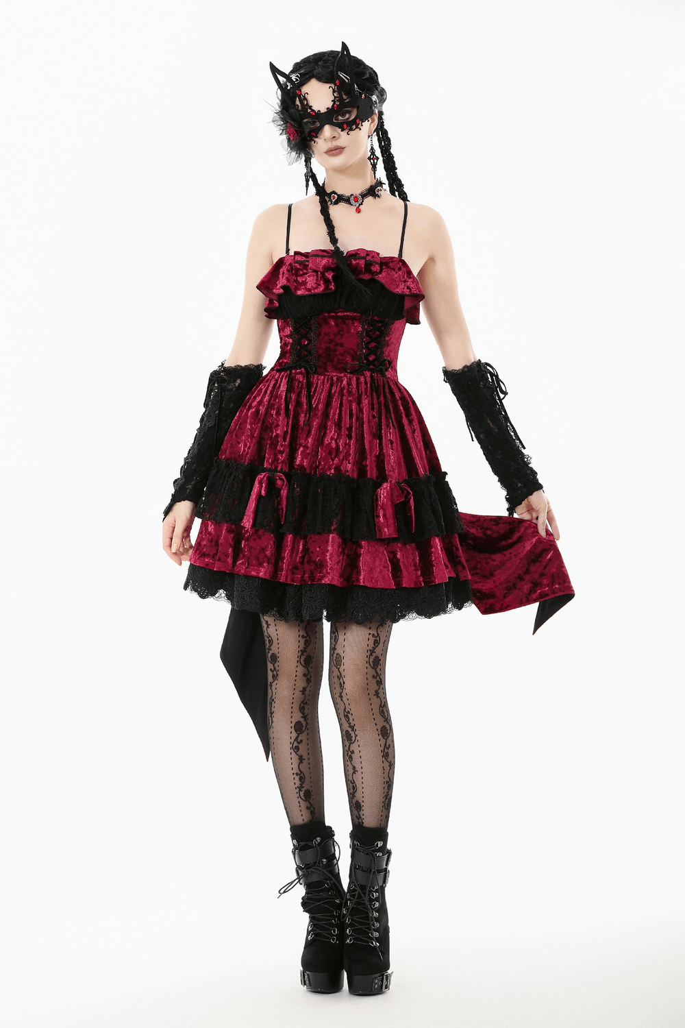 Gothic Lolita Mini Dress with Black Lace Details, featuring lace ruffles and velvet fabric in dark romantic style.