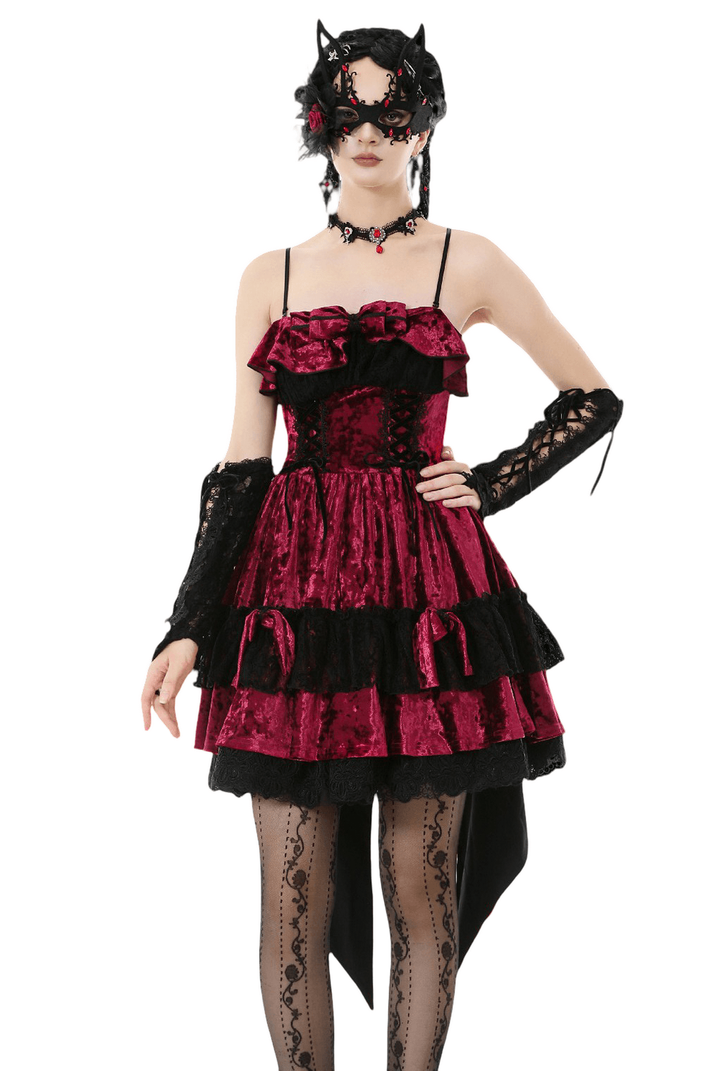 Gothic Lolita Mini Dress with Black Lace Details on a model, featuring velvet, lace trims, and ruffles.