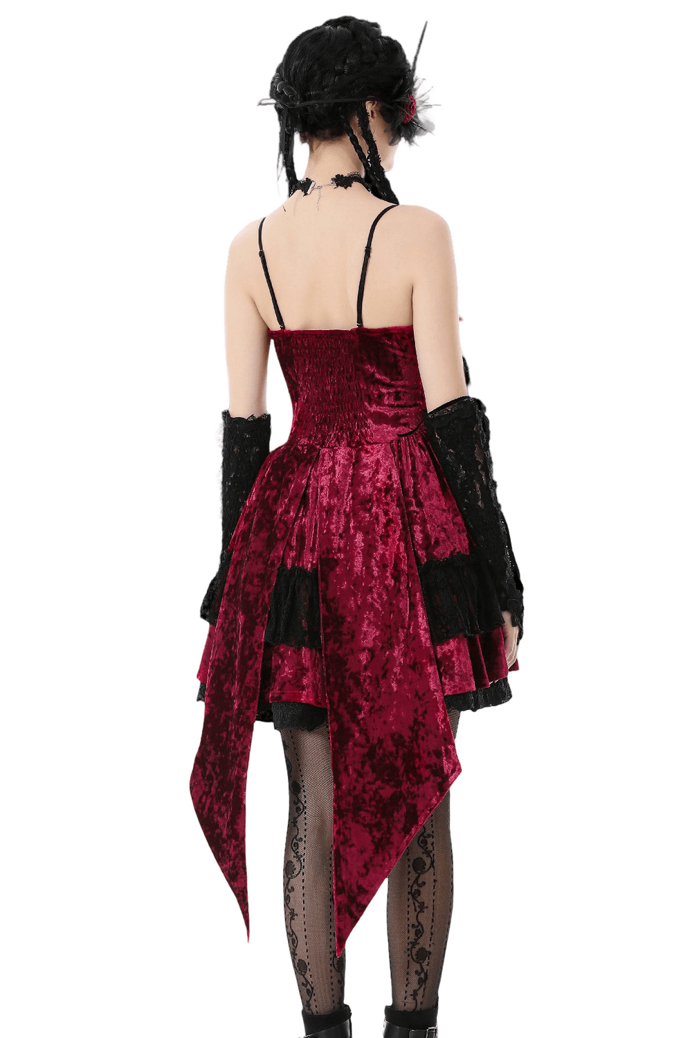 Gothic Lolita Mini Dress with Black Lace Details featuring a burgundy crushed velvet back view.