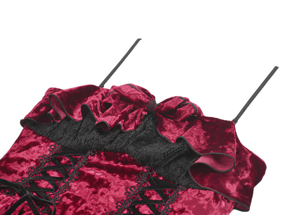 Gothic Lolita Mini Dress with Black Lace Details featuring ruffled neckline and corset-style lacing in burgundy velvet.