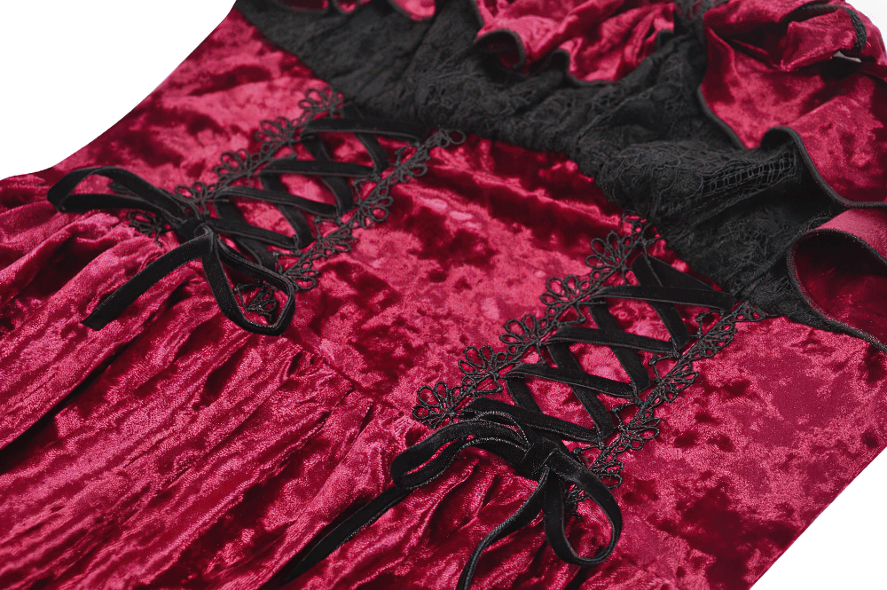 Gothic Lolita Mini Dress with Black Lace Details featuring lace trims and corset-style lacing in burgundy.