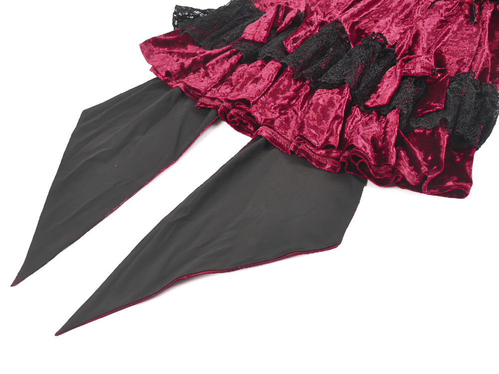Gothic Lolita Mini Dress with Black Lace Details, featuring ruffled burgundy velvet and dramatic black pointed panels.