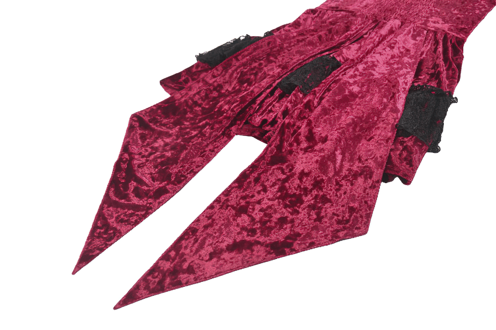 Gothic Lolita Mini Dress with Black Lace Details showcasing burgundy crushed velvet and pointed back panels.