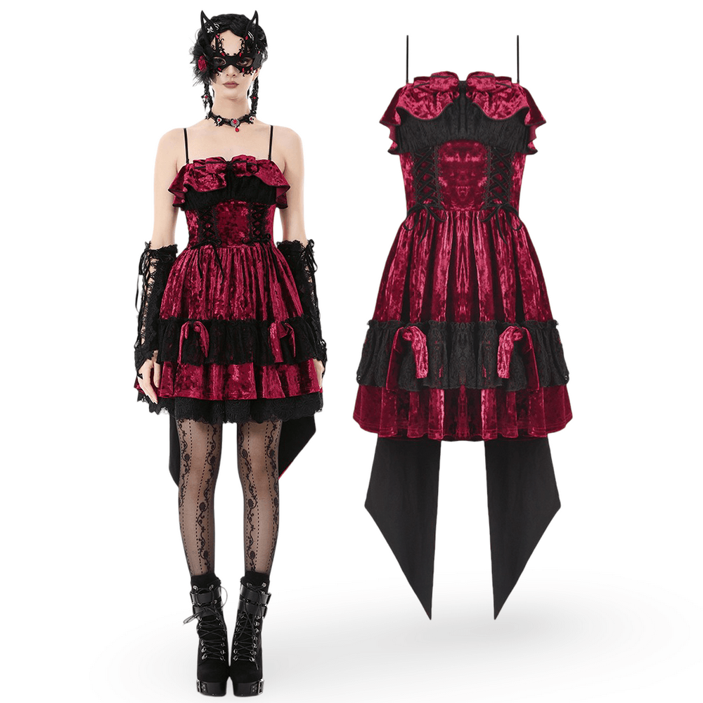 Gothic Lolita Mini Dress with Black Lace Details featuring burgundy velvet, lace ruffles, and corset style.