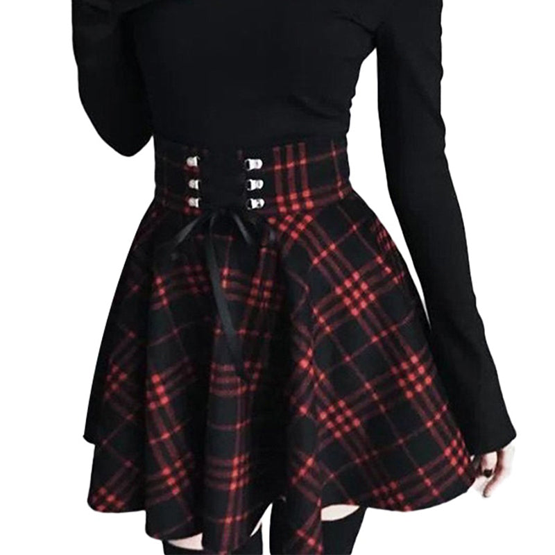 Gothic Lolita Skirt for Women / Ladies Plaid Pleated Ball Gown High Waist Lace Up Wool Skirt - HARD'N'HEAVY
