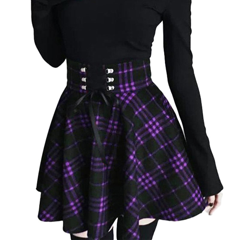 Gothic Lolita Skirt for Women / Ladies Plaid Pleated Ball Gown High Waist Lace Up Wool Skirt - HARD'N'HEAVY