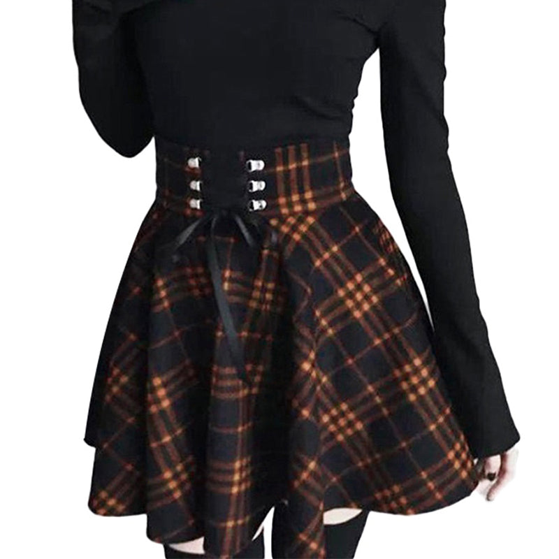 Gothic Lolita Skirt for Women / Ladies Plaid Pleated Ball Gown High Waist Lace Up Wool Skirt - HARD'N'HEAVY