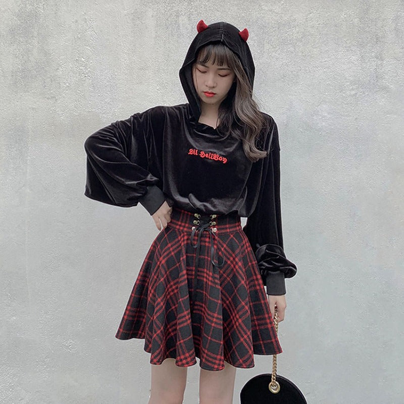 Gothic Lolita Skirt for Women / Ladies Plaid Pleated Ball Gown High Waist Lace Up Wool Skirt - HARD'N'HEAVY