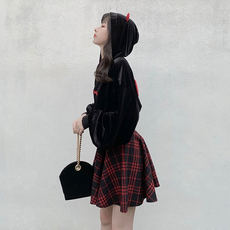 Gothic Lolita Skirt for Women / Ladies Plaid Pleated Ball Gown High Waist Lace Up Wool Skirt - HARD'N'HEAVY