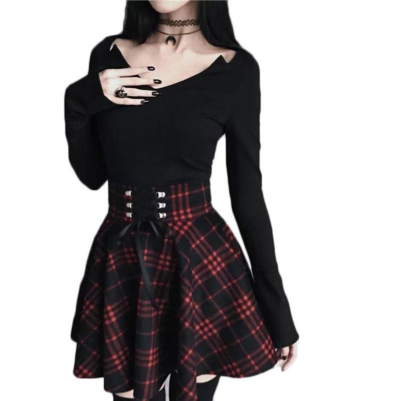 Gothic Lolita Skirt for Women / Ladies Plaid Pleated Ball Gown High Waist Lace Up Wool Skirt - HARD'N'HEAVY