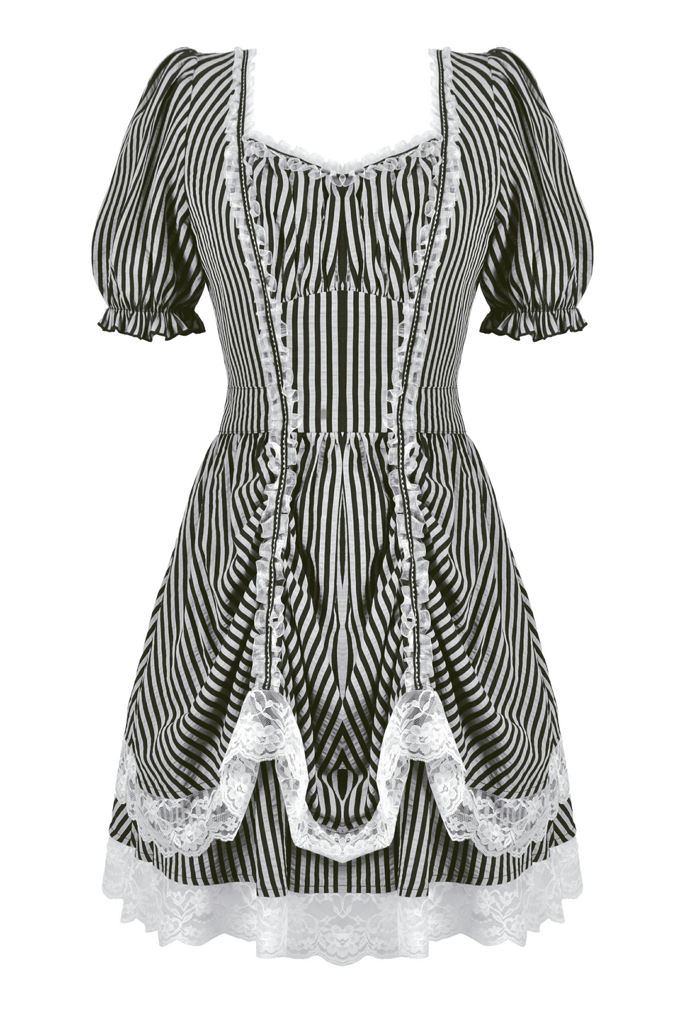 Gothic Lolita stripe dress with puff sleeves, lace trim, and bow detail for a vintage dollcore look.