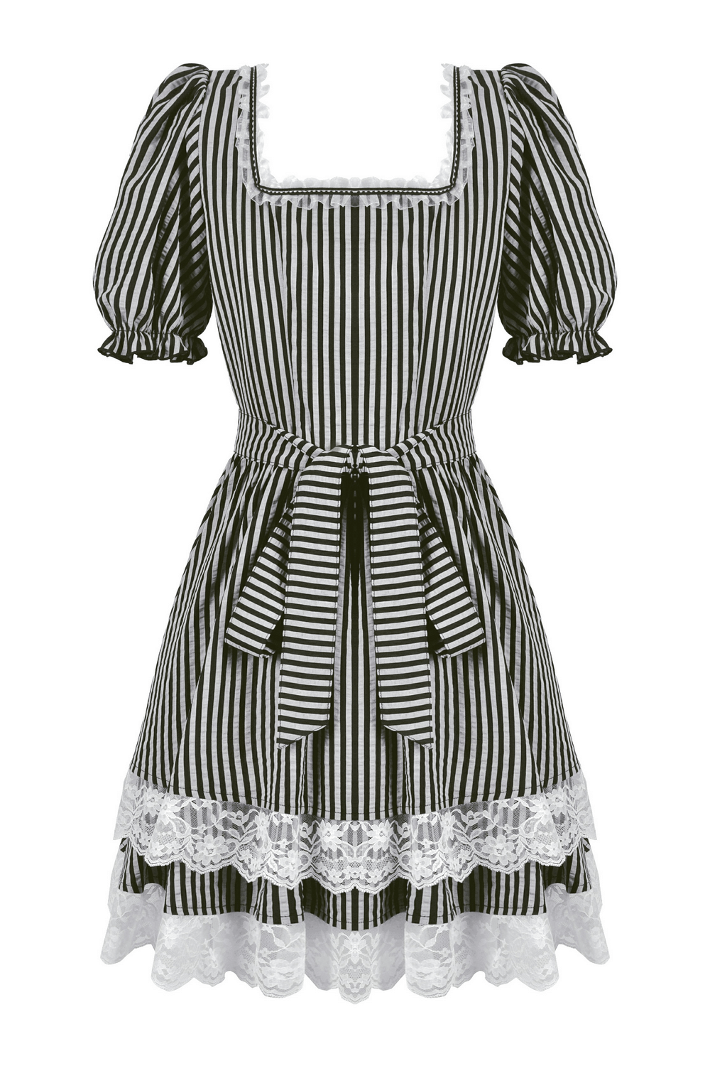 Gothic Lolita stripe dress with puff sleeves, lace trim, and vintage charm, perfect for alternative fashion enthusiasts.