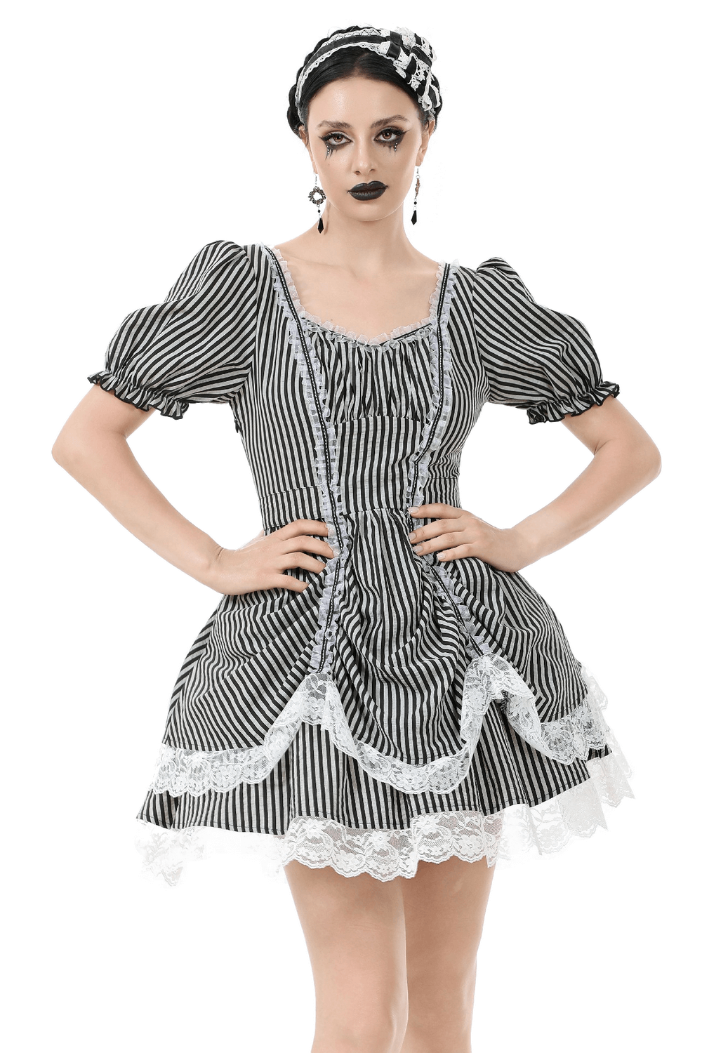 Gothic Lolita mini dress with puff sleeves, black and white stripes, lace trim, and bow-tied back for vintage charm.