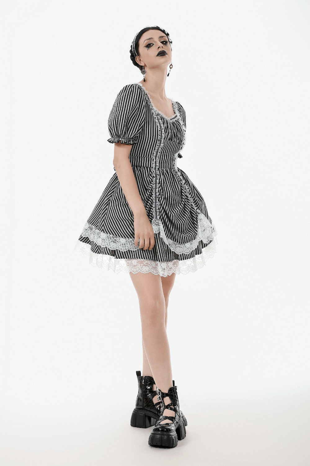 Gothic lolita stripe mini dress with puff sleeves, lace trim, and bow detail in a flared silhouette.