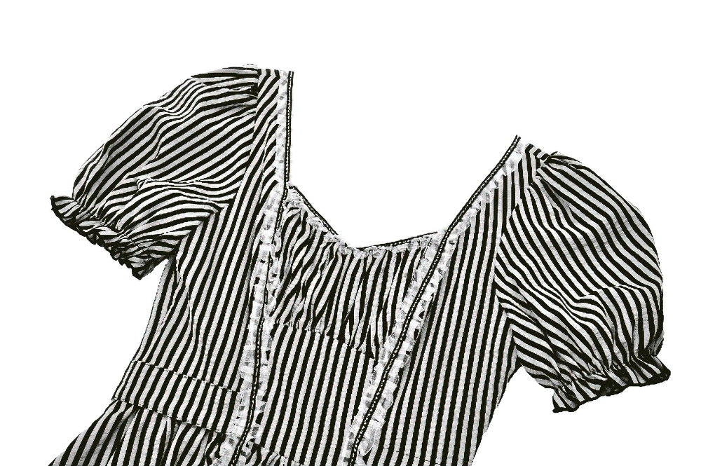 Gothic Lolita mini dress with puff sleeves, black and white stripes, and lace trim for a vintage dollcore look.