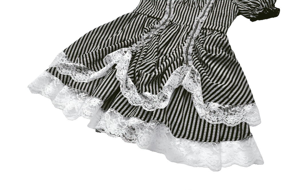 Gothic Lolita stripe dress with puff sleeves, lace trim, and bow detail, showcasing a vintage-inspired mini silhouette.