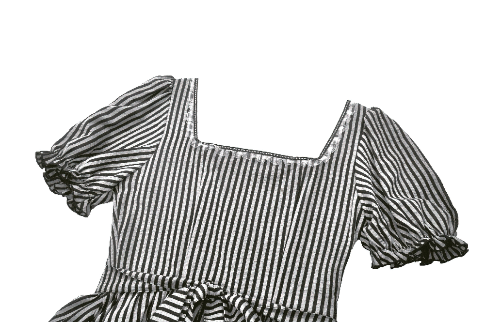 Gothic Lolita striped dress with puff sleeves, square neckline, and vintage charm, accentuated by a bow.