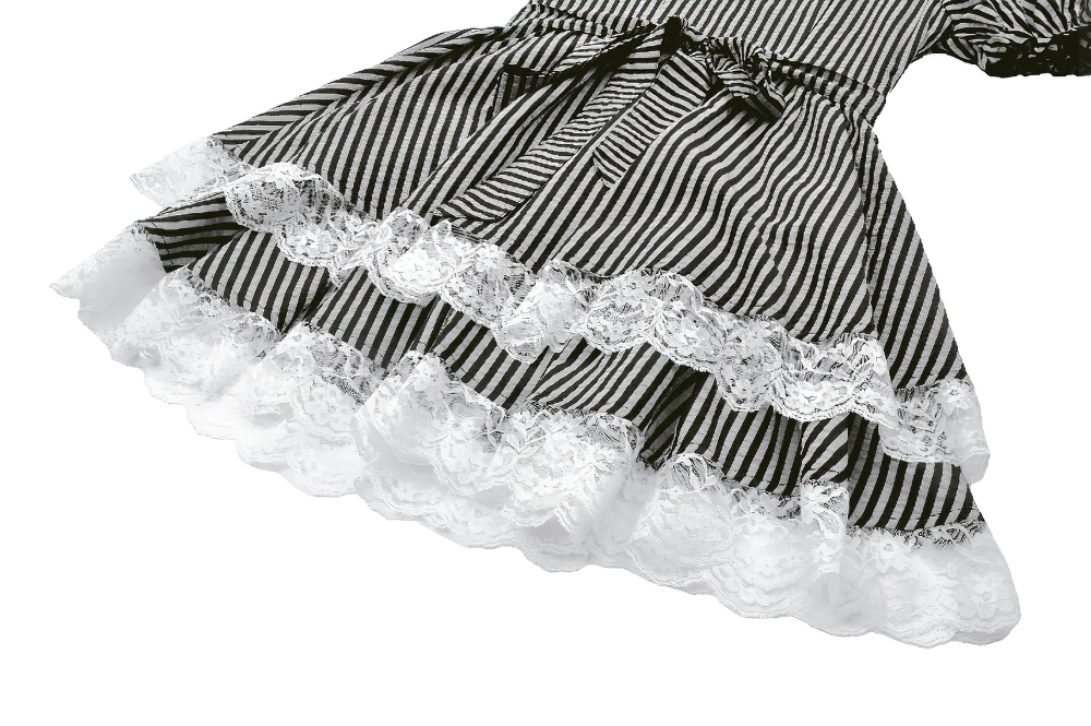Gothic Lolita striped mini dress with puff sleeves, lace trim, and bow accent for retro dollcore fashion.