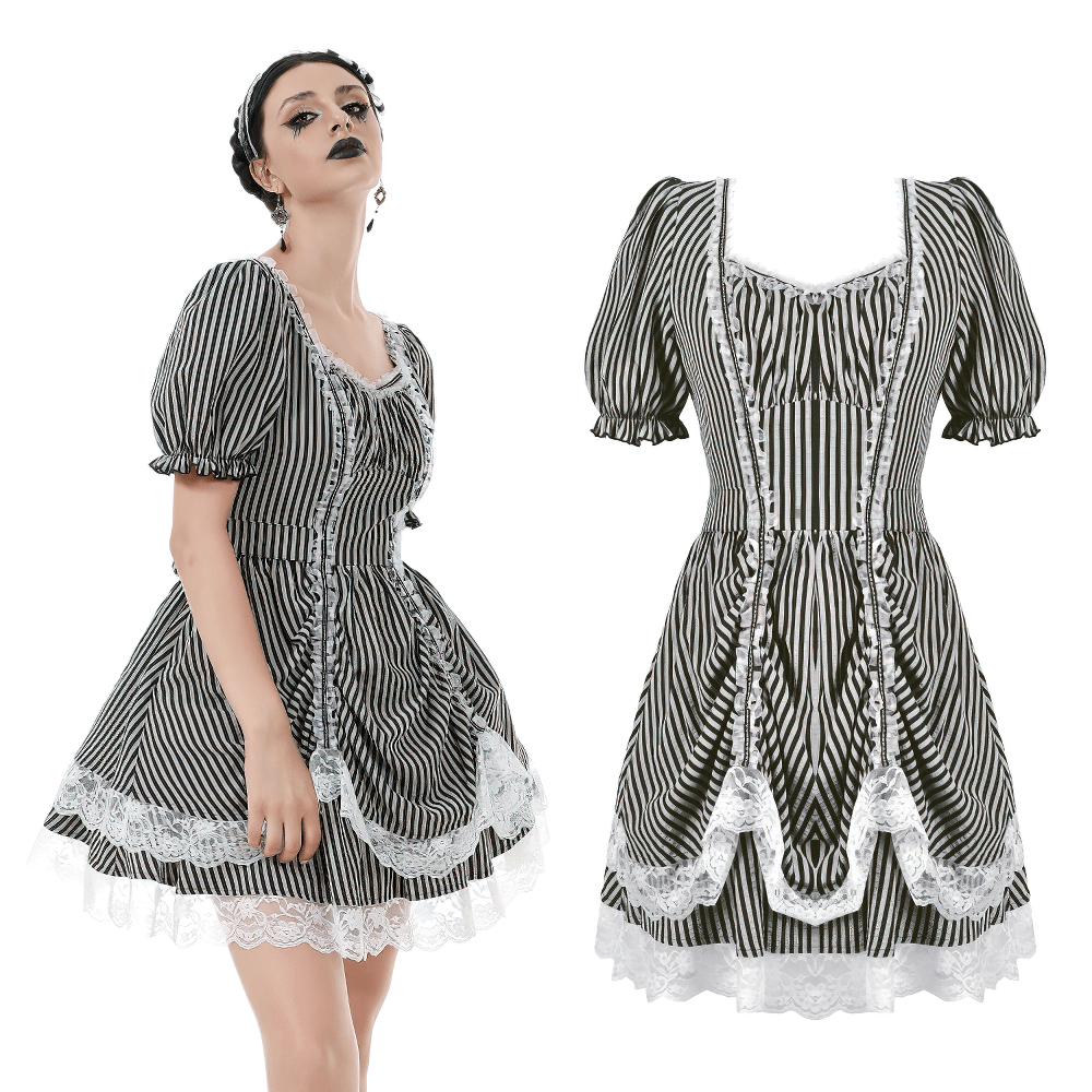 Gothic Lolita stripe dress with puff sleeves and lace trim, featuring a vintage mini silhouette and bow-tied back.