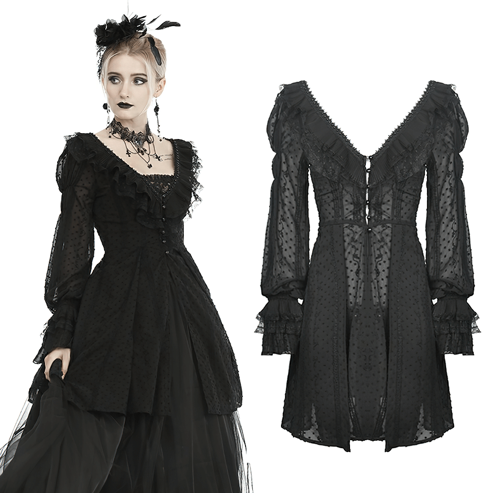 Gothic Lolita black coat with ruffle detailing, long sleeves, and V-neck, perfect for a stylish night out.
