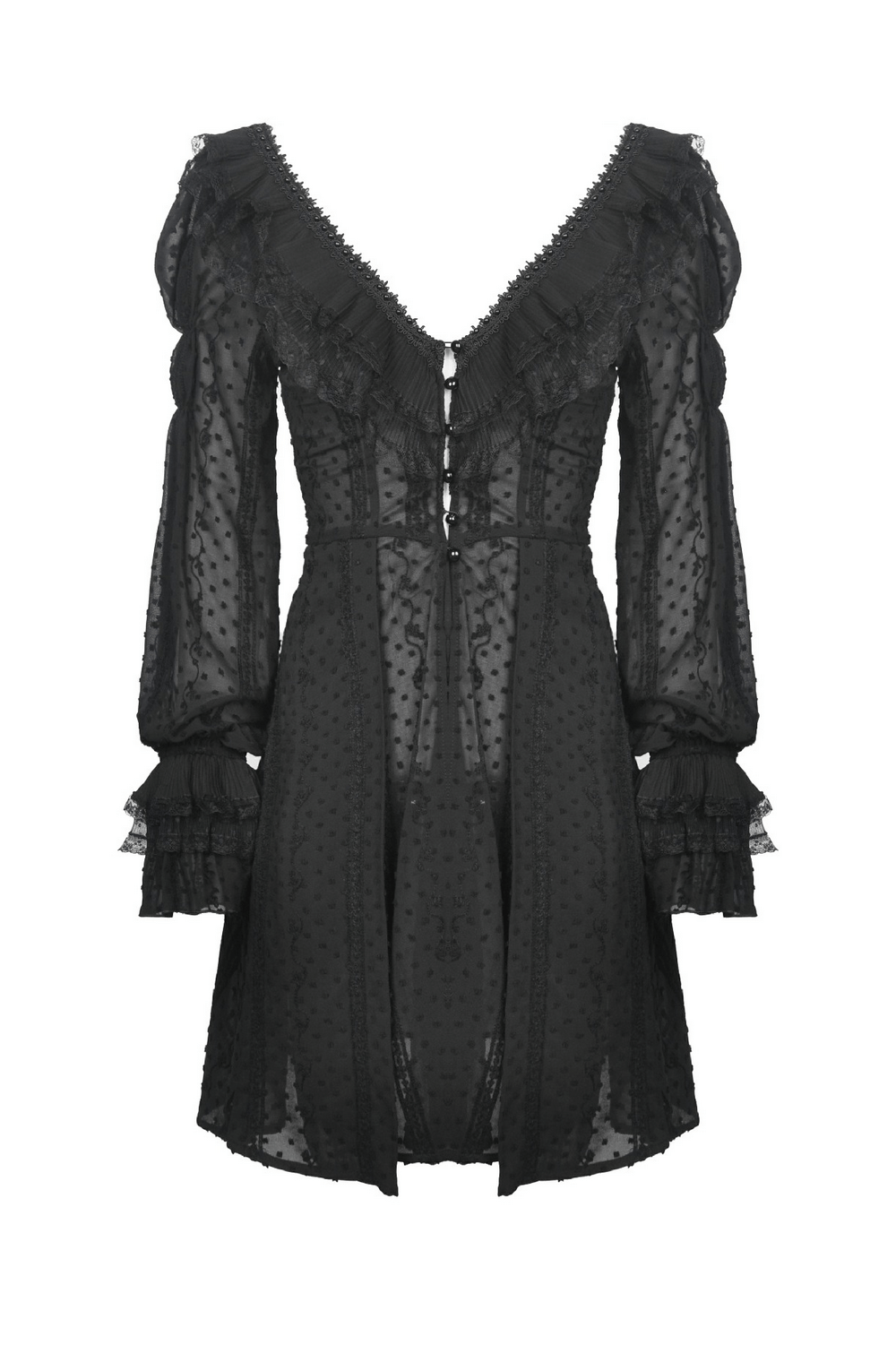 Gothic Lolita thin coat in black, featuring a V-neck, long sleeves, ruffles, and buttons, perfect for a striking look.