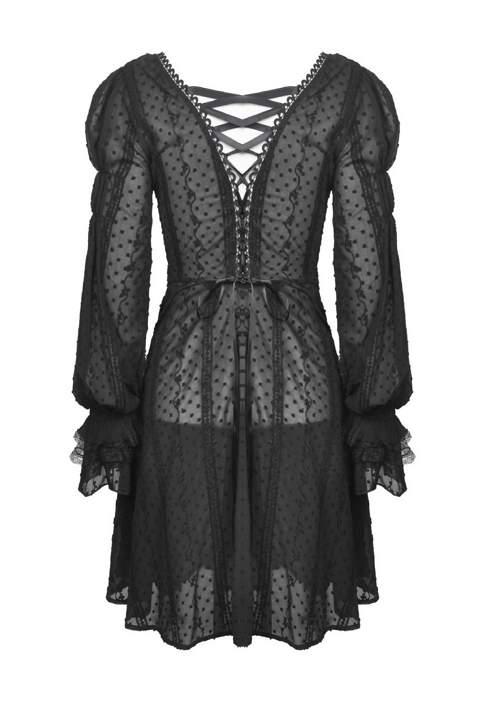 Back view of a black Gothic Lolita dress with puff sleeves, lace-up detail, and polka dot fabric.