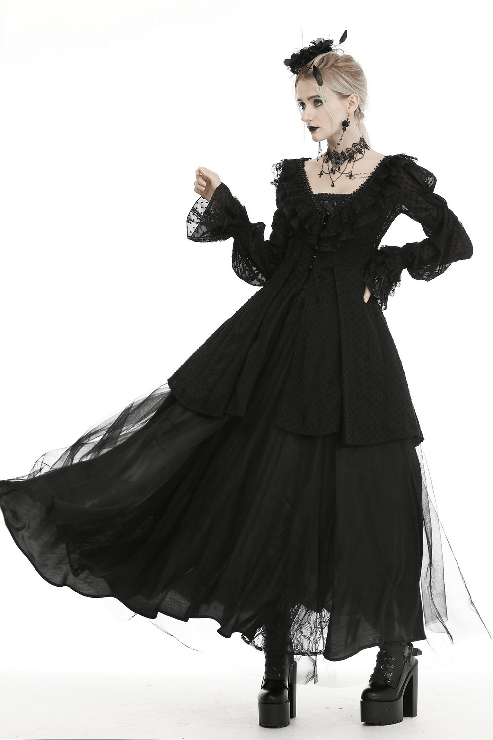 Gothic Lolita long sleeve black thin coat with frilly ruffles, buttons, and stylish heels for edgy elegance.