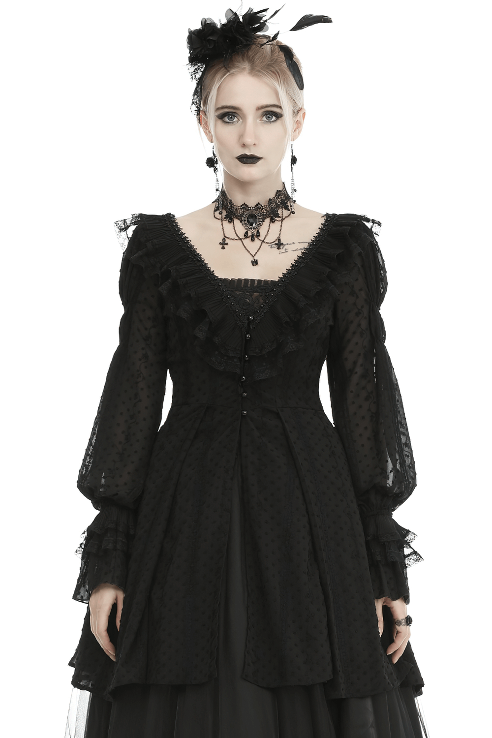 Gothic Lolita thin coat with frilly ruffles and buttons, perfect for a dramatic and elegant look.
