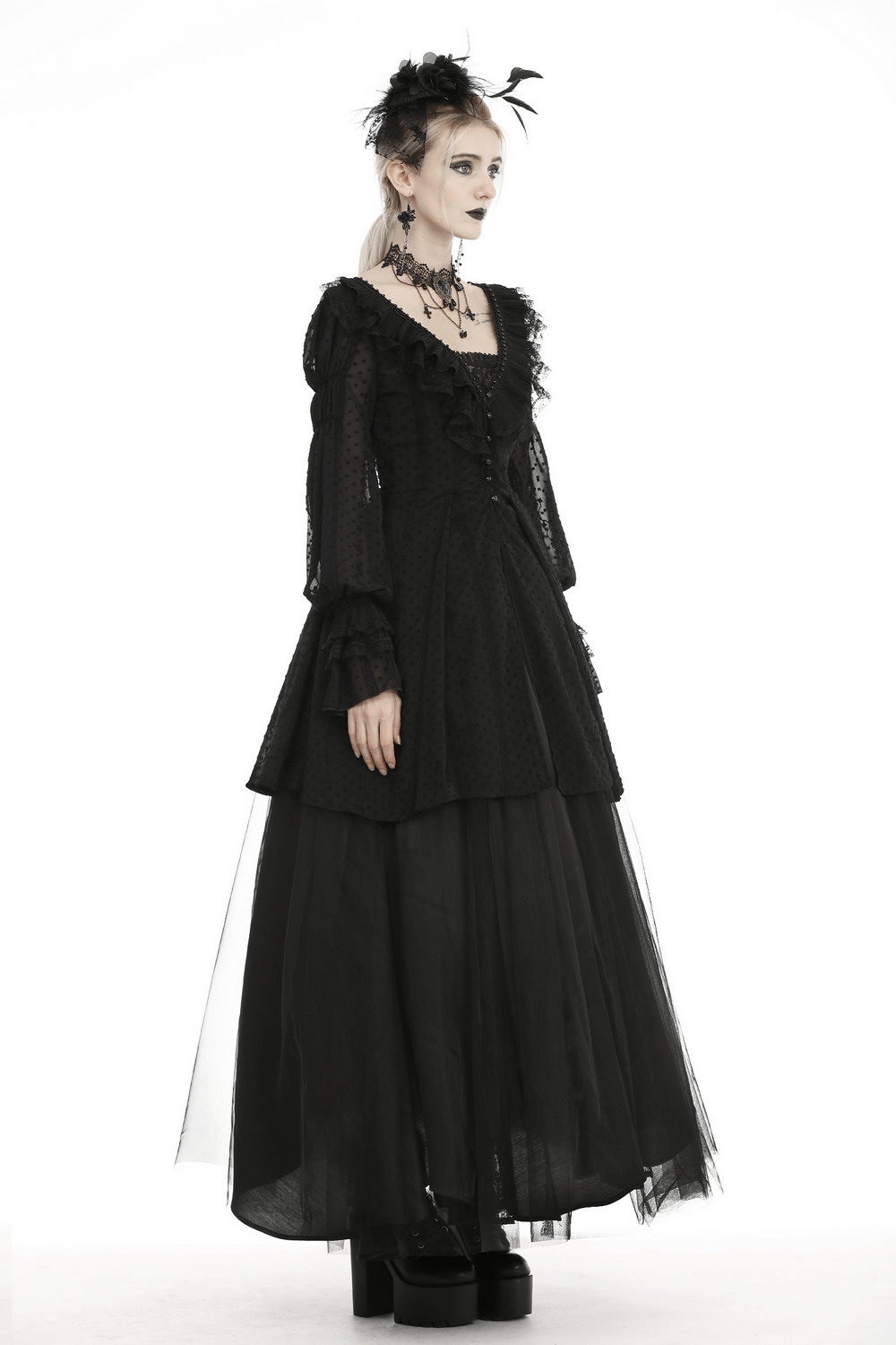 Gothic Lolita long sleeve thin coat with ruffles and a V-neck for a dramatic fashionable look.