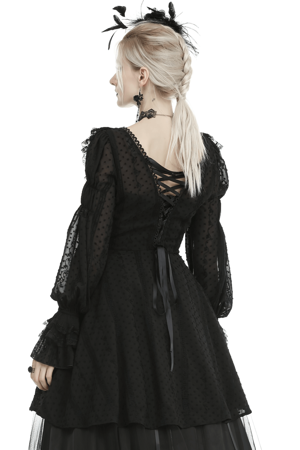Gothic Lolita thin coat with ruffle detailing, showcasing a dramatic back lace-up design and long puff sleeves.