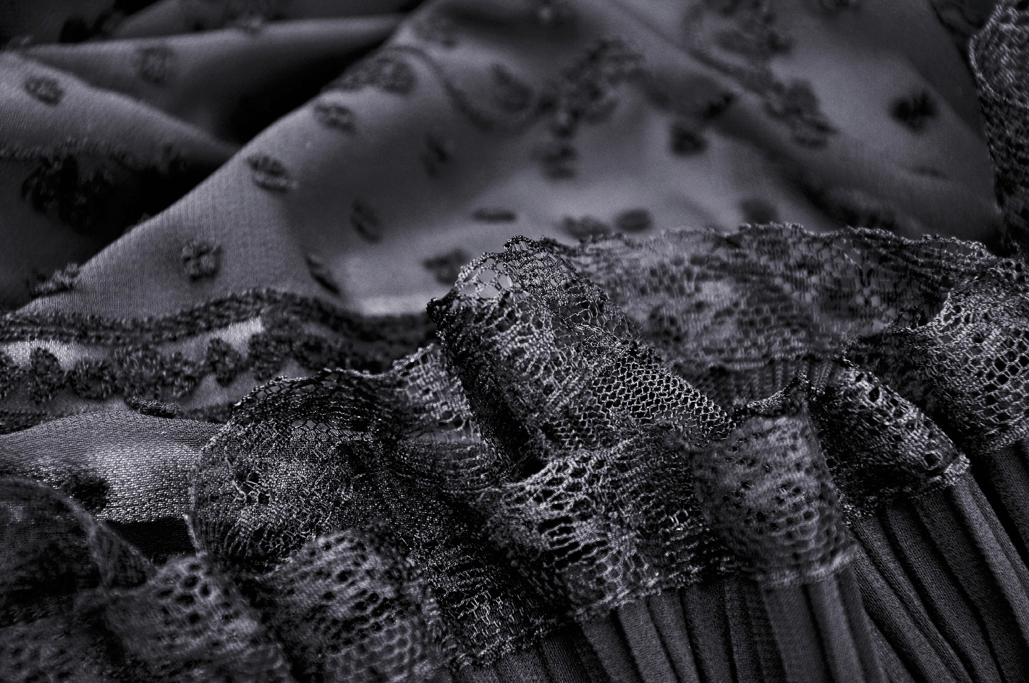 Close-up of elegant black fabric with intricate lace details and ruffle accents, perfect for Gothic fashion.