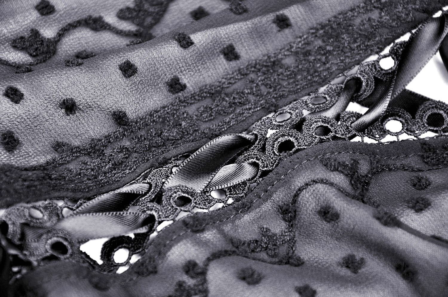 Close-up of black fabric with intricate lace and ribbon detailing, perfect for Gothic Lolita fashion.