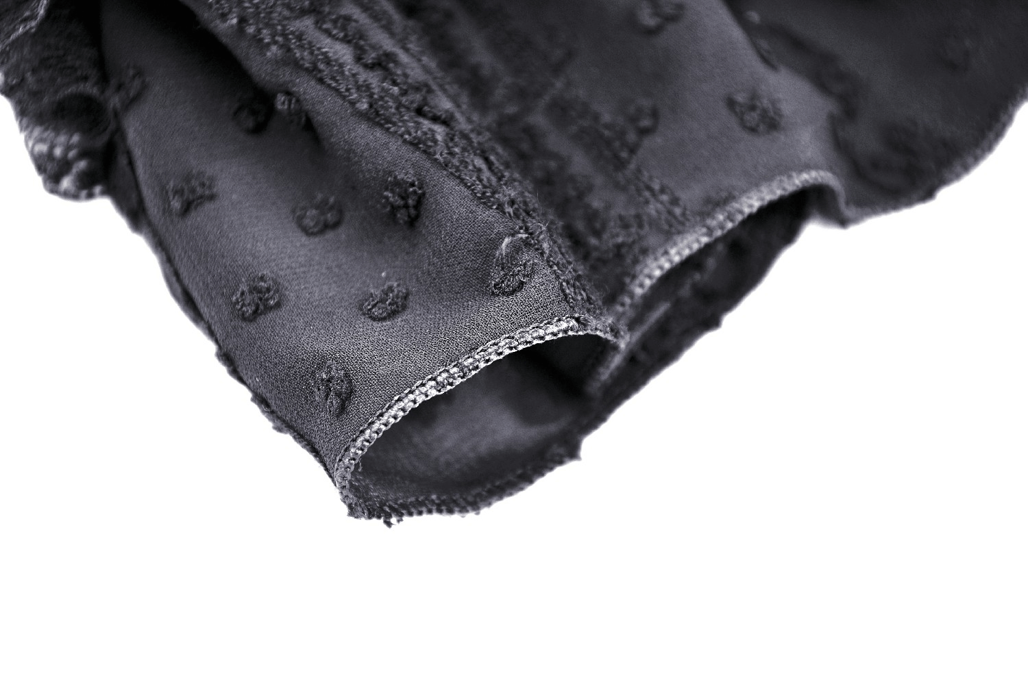 Close-up of the frilly detail on a gothic Lolita thin coat showcasing the textured fabric and ruffled hem.