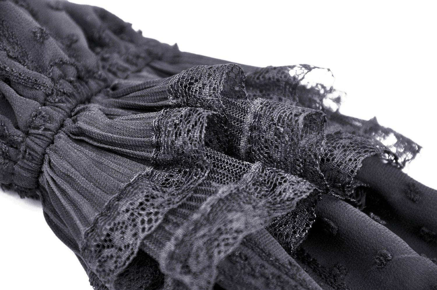 Close-up of elegant black ruffles with lace detailing on gothic lolita coat sleeves.