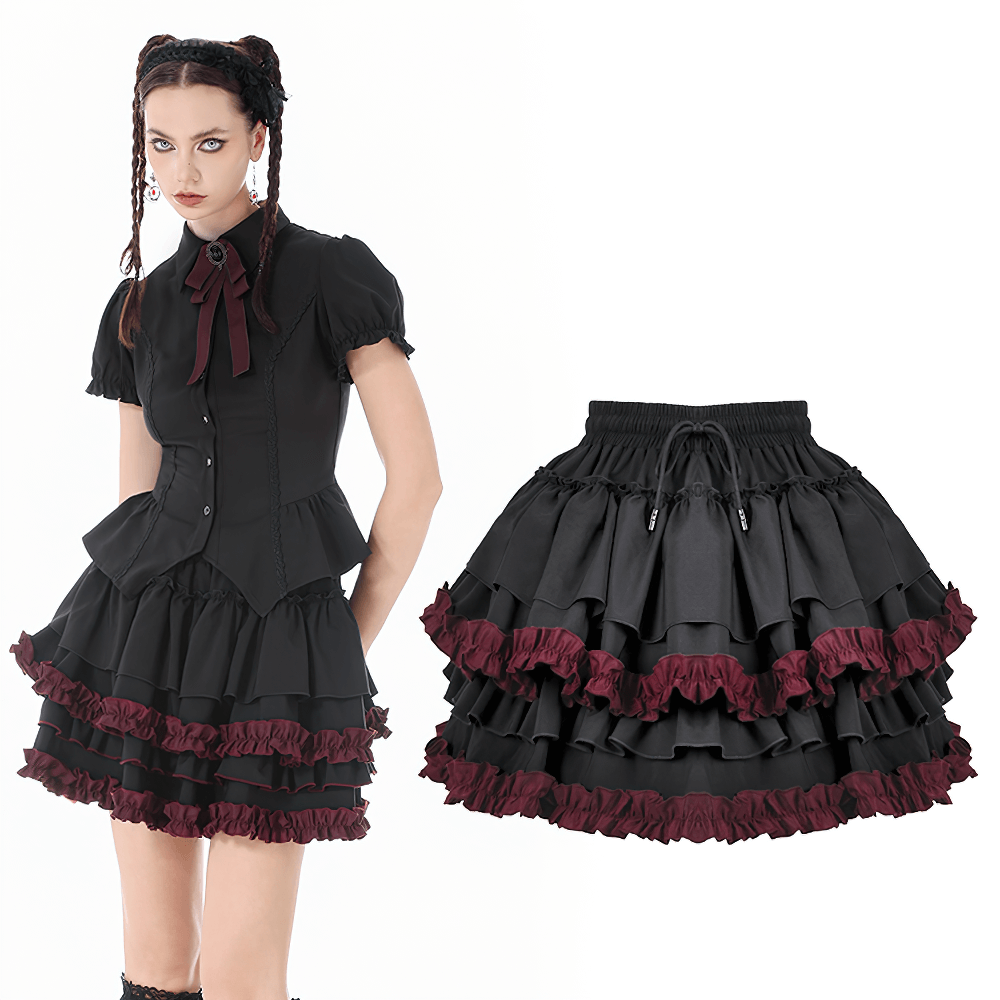 Gothic Lolita Tiered Ruffle Mini Skirt with Wine Red Trim worn by a model showcasing its layered design and flouncy silhouette.