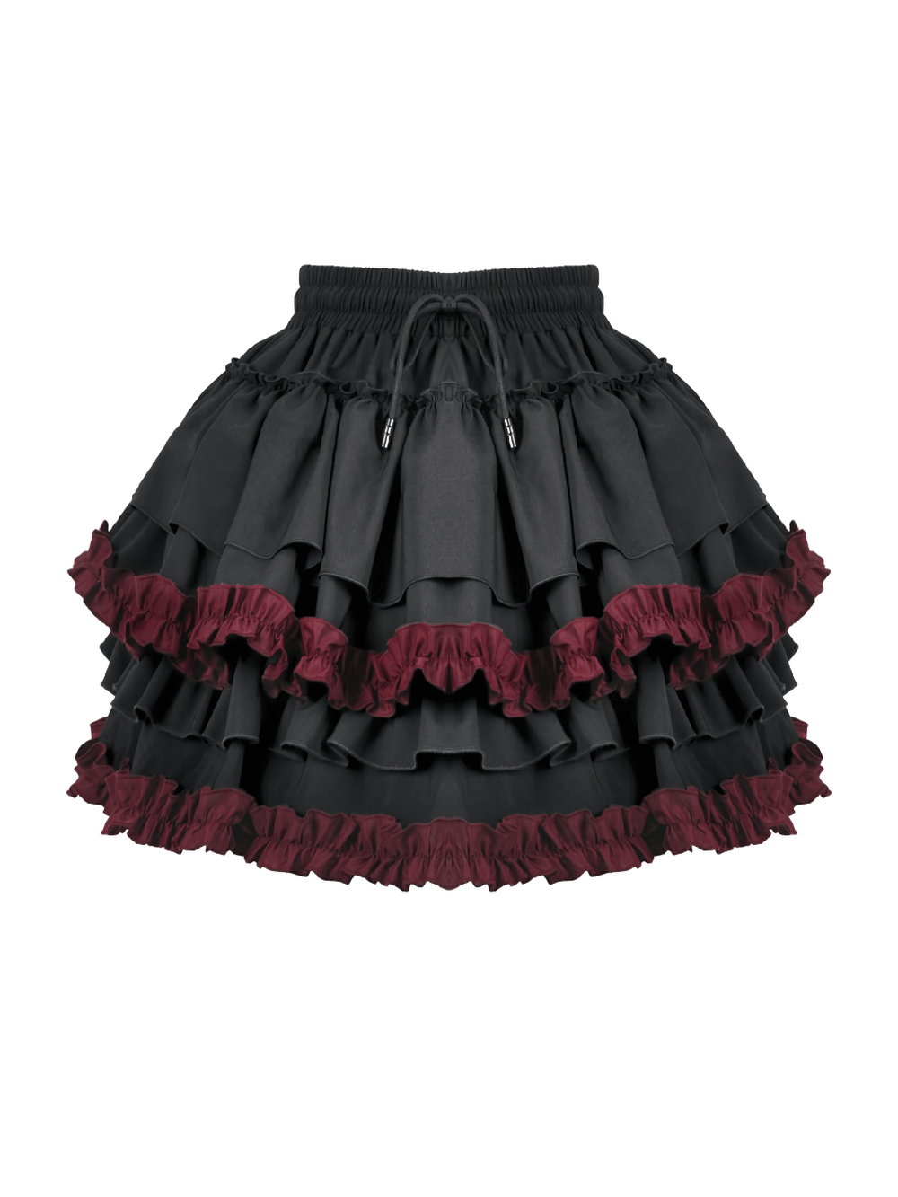 Gothic Lolita Tiered Ruffle Mini Skirt with Wine Red Trim - Black layered skirt with wine red ruffles for a playful goth style.